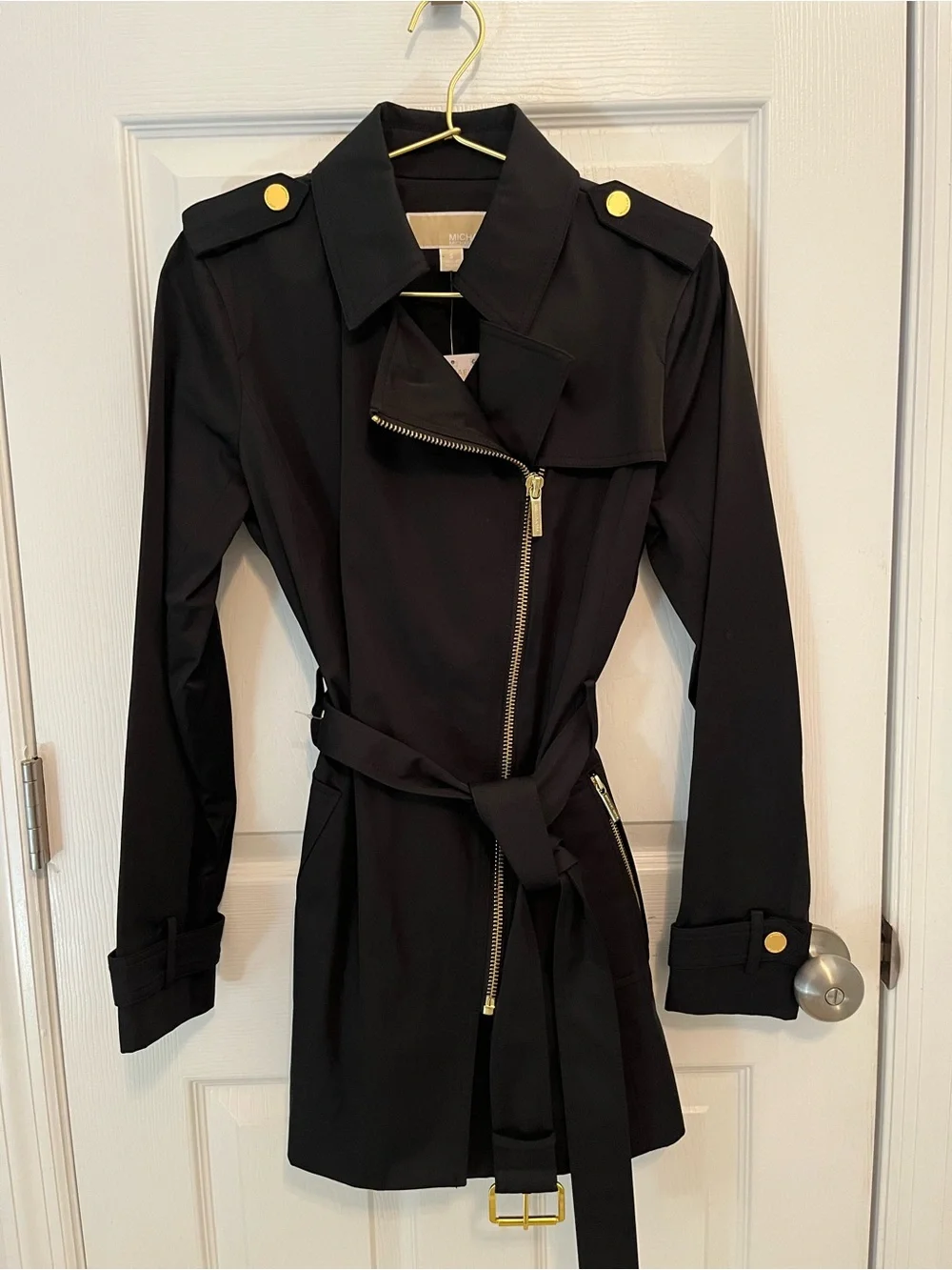 NWT Michael Michael Kors Black Belted Moto Trench Coat Gold Hardware Size S